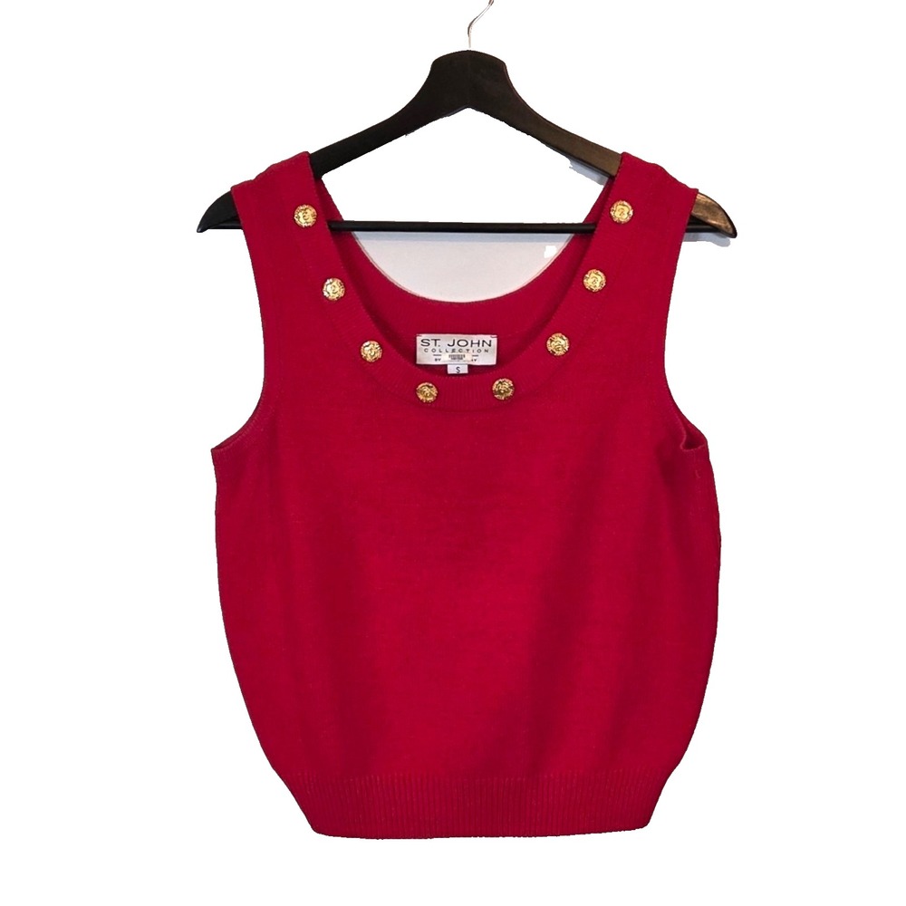 Vtg 90s St. John Collection Marie Gray Red Knit Shell Top Gold Buttons Size S